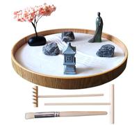 NATURALTOUCH Desktop Zen Garden Kit Sitting on Wooden Tray with Charming Figurine Sweeping the Sand, Blossoming Tree, Stone Lantern, Natural Seiryu Rocks and Sand Tools Included (24CM Round Tray)