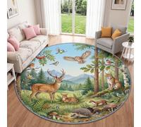 Nature Animal Deer Lynx Hedgehog Ermine Owl Round Rug Bedroom 180 cm Carpet | Aesthetic Forest Circle Rug Living Room, Washable Anti Slip Natural Colour Carpet for Kids Room Nursery Lounge Dorm Home
