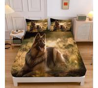 Nature Animals Single Fitted Sheet, 3D German Shepherd On The Grass Fitted Sheet Single Bed,Deep Pocket 12 inch (30 cm), Soft Microfibre Fabric, Shrinkage and Fade Resistant 90x190cm Bedding