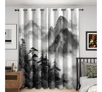 Nature Asian Curtains Blackout, 46x54 Inch 2 Panels - Black White Mountain Forest Pattern Black Out Curtains, Home Decor, 54 Drop Eyelet Window Drapes for Bedroom, Living Room S172