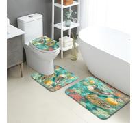 Nature Bathroom Mat Sets 3 Piece, Colorful Ducks and Flowers Absorbent Non Slip Toilet Rugs U Shaped Washable, Spring Floral Quick Dry Flannel Bathroom Rug Set