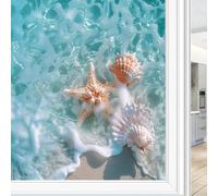 Nature Beach Stained Glass Window Privacy Film 70x100 cm | Modern Beautiful Sea Conch Heat Blocking Sun Blocking Glass Door Covering for Bathroom Home