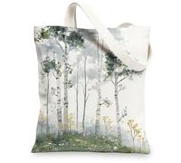 Nature Canvas Bags Forest Scene Design Reusable Grocery Bags Eco-Friendly Lightweight Washable Shoulder Bags for Sho, white, 13x15 Inch