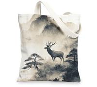 Nature Canvas Tote Bags, Artistic Deer Landscape Design Reusable Shopping Bags, Minimalistic Eco-Friendly Lightweight Washable Canvas Bags for Gym Outdoor Travel Beach 13x15 Inch