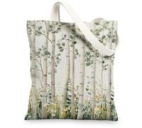 Nature Canvas Tote Bags, Eco-Friendly Forest Design Reusable Shopping Bags, Elegant Botanical Lightweight Washable Shoulder, Green, 13x15 Inch