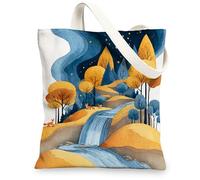Nature Canvas Tote Bags, Scenic Forest River Design Reusable Shopping Bags, Artistic Outdoor Lightweight Washable Shoulder, Blue, 13x15 Inch