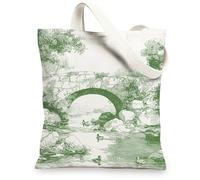 Nature Canvas Tote Bags, Vintage Landscape Art Design Reusable Grocery Bags, Eco-Friendly Lightweight Washable Shoulder Str, Green, 13x15 Inch
