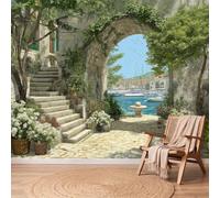 Nature Countryside Wallpaper Wall Mural Grey Mediterranean Architecture Stone Arches Vines 200 x 140 cm, Photo Wallpaper Non-Woven Wall Mural Poster for Living Room Bedroom Corridor Wall Decor Murals