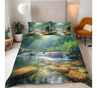 Nature Double Duvet Set Green Forest River Bedding Set Soft Microfiber 3 Piece Bedding Teenager Room Decoration Duvet Covers with 2 Pillow Case (Double，200x200cm)
