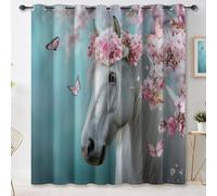 Nature Dream Curtains for Living Room 46 x 54 inch, White Horse Cherry Blossoms Butterflies Printed Thermal Insulated Blackout Curtains, Eyelet Soundproof Window Drapes for Bedroom, Blue 2 Panels