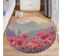 Nature Dream Round Area Rug 150cm, Washable Non-Slip Indoor Decor Red Circle Rug, Soft Non-Shed Lightweight Poppy Fields Mountains Print Carpet, for Bedroom Nursery Playroom Entryway
