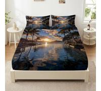 Nature Dreamy Fitted Sheet Double Bed Sheet, Tropical Clouds Plants Printed Microfiber Fitted Sheet Bedding Bed Linen 135 x 200 cm for Kids Boys Girls