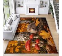 Nature Fairy Tale Area Rug 60 x 90 cm Non Shedding Super Soft Easy Care Non Slip, Hedgehog Red Mushroom Fallen Leaves Rugs Foldable, Comfortable Floor Mat for Living Room Dining Room Office bedroom