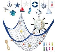 Nature Fish Net Wall Decoration with Shells Set, Ocean Wall Hangings Fishing Net Party Decor include Blue Fishing Net, Wooden Ornament Decor, Ship Rudder for Ocean Beach Pirate Mediterranean Party