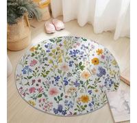 Nature Flowers Greenery Watercolor 150 Cm Soft, Machine Washable, Non-Slip & Non-Shedding Carpet, White Decorative Accent Rug For Bedroom, Living Room, Nursery, Or Entryway