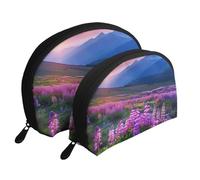 Nature Flowers Meadow Mountain Scenic Print Shell-Shaped 2-Piece Makeup Bag Set Travel Cosmetic Organiser Stylish Storage for Beauty & Gifts for Women Girls