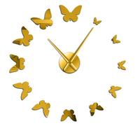 Nature Flying Butterflies 3D DIY Wall Clock, Modern Frameless Stick-on Wall Clock with Mirror Numbers, Silent Non-Ticking Decorative Timepiece for Living Room, Bedroom and Office Decor (Gold,37inch)