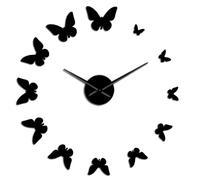 Nature Flying Butterflies 3D DIY Wall Clock, Modern Frameless Stick-on Wall Clock with Mirror Numbers, Silent Non-Ticking Decorative Timepiece for Living Room, Bedroom and Office Decor (Black,47inch)