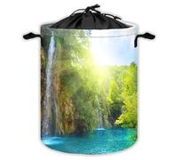 Nature Forest Laundry Hampers With Drawstring Summer Lake Landscape Laundry Baskets For Bathroom Forest Waterfall Portable Clothes Storage Organizer Basket Mountain Trees W 44 L 44 Cm