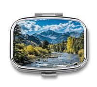 Nature Forest Mountain Pill Box 2-Compartment Portable Pill Case Square Metal Medication Organizer Small Weekly Medication Case with Mirror Stylish Vitamin Holder for Purse Pocket Travel