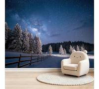 Nature Forest Non-Woven Wall Mural for Bedroom Bedside and Hallway Accent Wall, Unpasted 3D Effect Large Photo Wallpaper Poster, Wooden Fence Pine Trees Snowdrift