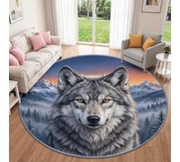 Nature Forest Snowy Animal Wolf Pine Tree Round Rug Bedroom 180 cm Carpet | Realistic Wilderness Circle Rug Living Room, Washable Anti Slip Grey Blue Carpet for Kids Room Nursery Lounge Dorm Home Decor