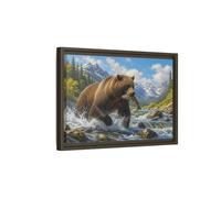 Nature Grizzly Bear Fishing Framed Canvas Print - Realistic Decor for Living Room, Above Console Table 18×12 inch (45×30 cm) - Horizontal/Espresso / 1.25 inch (3 cm)
