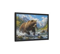 Nature Grizzly Bear Fishing Framed Canvas Print - Realistic Decor for Living Room, Above Console Table 24×16 inch (60×40 cm) - Horizontal/Black / 1.25 inch (3 cm)