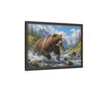 Nature Grizzly Bear Fishing Framed Canvas Print - Realistic Decor for Living Room, Above Console Table 24×16 inch (60×40 cm) - Horizontal/Espresso / 1.25 inch (3 cm)
