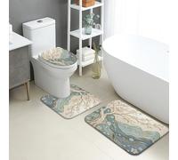 Nature Inspired Bathroom Mat Sets 3 Piece, Elegant Blue Waves Floral Absorbent Non Slip Toilet Rugs U Shaped Washable, Spring Quick Dry Flannel Bathroom Rug Set