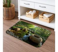 Nature Inspired Quick Dry Bath Mat, Rustic Green Bamboo Stones Absorbent Non Slip Shower Mat, Spring Decorative Washable Bath Rugs for Bathroom Toilet Restroom 16x24 Inch
