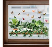 Nature-Inspired Static Cling Stickers for Windows Including Leafy Green Plants and Delicate Butterfly Silhouettes (A)