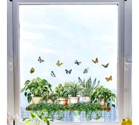 Nature-Inspired Static Cling Stickers for Windows Including Leafy Green Plants and Delicate Butterfly Silhouettes (C)