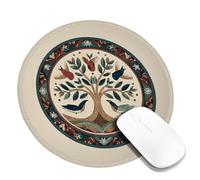 Nature Inspired Tree Design Mouse Pad, Colorful Birds and Leaves Stitched Edge Mousepad, Rubber Non-Slip Washable Gaming Mouse Pad for Home and Office Computer, Laptop Round