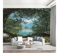 Nature Jungle Lake Scenery Wallpaper Paste The Wall 350x256cm(W x H) Mural Wallpaper 3D Effect for Living Room Fireplace Feature Wallpapers Mountains and Lakes Green Wall Mural Bedroom