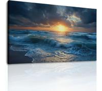 Nature Landscape Canvas Wall Art for Bedroom Beach Waves Sunset Pattern Pictures Prints Wall Decor, Blue Artwork Canvas Posters DIY Gift Home Decoration for Living Room Hallway Entryway, 100x70 cm