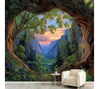 Nature Landscape Forest Wallpaper Mural 200 x 140 cm Non-Woven Panoramic Custom Wall Covering, Trees Mountains Sunset Tree Hollow Photo Mural for Living Room Kitchen Dining Room Bedroom Home Office
