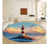 Nature Landscape Island Lighthouse Washable Round Rugs Diameter 120 cm, Soft Shaggy Low-Pile Indoor Carpet - Large Non Slip Blue Area Rug for Living Room Bedroom Playroom Dining Room
