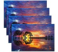 Nature Landscape Placemats 12x18 Inch Set of 4 3D Abstract Setting Sun Trees Birds Place Mats for Kids Teens Adults Wild Outdoor Lake Scenery Decor Kitchen Mats for Dining Table
