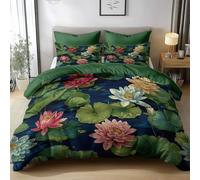 Nature Landscape Pond Lotus 3D Printed Duvet Cover Set Double Reversible Bedding Set Soft Microfiber Quilt Cover with Zipper Closure and Corner Ties 3 Piece, Green