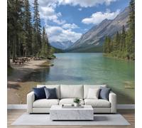Nature Landscape Self Adhesive Wall Mural 250 x 175 cm | Photo Wallpaper Mountains Lake Pine Forest for Bedroom Bathroom Living Room Hallway Decoration Home Office Wall