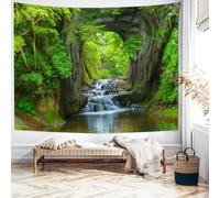 Nature Landscape Tapestry Forest River Tapestry Waterfall Cave Scenery Lake Microfiber Green Scenic Mountain Tree 94X87" 240X220cm (Width x Height)