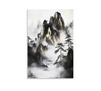 Nature Landscape Wall Art, Black And White Pine Tree Mountain Canvas Hanging Paintings Poster Retro Watercolor Forest Black Gold Artwork Ideal for Living Room B 12x18inch(30x45cm)