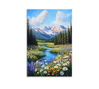 Nature Landscape Wall Art, Snow Mountain Stream with Wildflowers Scenery Artwork Hanging Paintings Poster, Serene Nature Inspired Decor for Bedroom Living Room Home Interior Spaces 24x36inch(60x90cm)