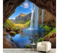Nature Landscape Waterfall Mural Wallpaper 200 x 140 cm, Cave River Water Blue Sky White Clouds Photo Wallpaper, Wall Mural Sticker for Bedroom Living Room Hallway Dorm