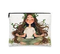 Nature Makeup Bag, Cartoon Girl with Leaves Cosmetic Travel Pouch for Women, Portable Small Canvas Zipper Organizer, Eco-Friendly Gift Toiletry Bag, White, 7x9 Inch