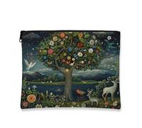 Nature Makeup Bag, Fanciful Tree and Animal Design Cosmetic Travel Pouch for Women, Portable Small Canvas Zipper Organizer, for Spring Festivals, Dark Green, 7x9 Inch, Nature