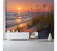 Nature Orange Sunset Non-Woven Wall Mural for Bedroom Bedside and Hallway Accent Wall, 300 x 210 cm Unpasted 3D Effect Large Photo Wallpaper Poster, Brown Sandy Beach Coast