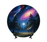 Nature Outer Space Galaxy Starry Night Bone China Decorative Plate,7in Ceramic Decorative Plates with Display Stand,Ceramic Ornaments Art Porcelain Plate for Home Office Wall Decor Collections Plates