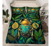 Nature Plant Leaves Bed Sheet Set Wild Insect Animals Fitted Sheet for Ultra Soft Beetle Bedding Cover Set Room Decor Queen (No Flat Sheet)